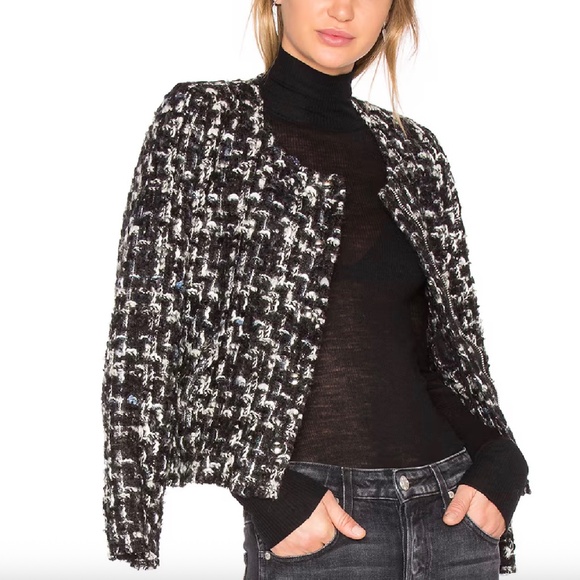 IRO Nalokie Tweed Boucle Wool Blazer Black White Blue Houndstooth Zip Front 12 - Picture 1 of 15